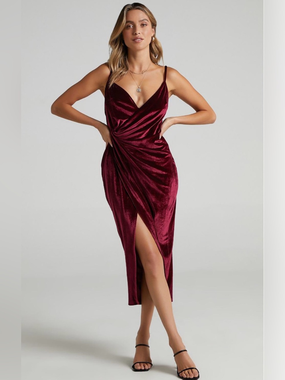 Women's Burgundy Velvet Draped Midi Dress